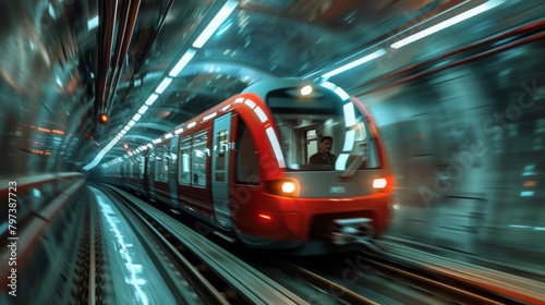 A red train is traveling through a tunnel