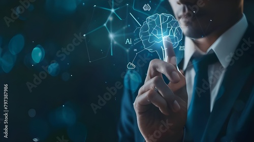 Artificial intelligence AI circuit board in shape electronic PCB circuit icon symbol on businessman hand finger touching with cyberpunk neon cyberspace lighting. Innovative technology, AI generated  photo