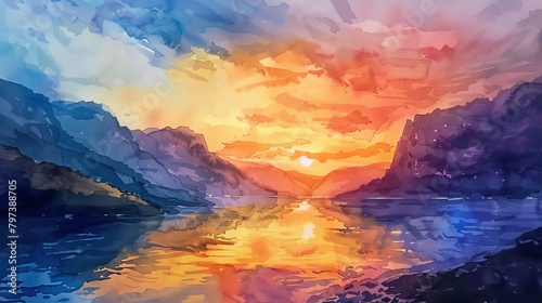 Illustrate a breathtaking sunset over a serene, mountainous landscape in a traditional watercolor medium, highlighting the ethereal romantic atmosphere with a blend of vibrant warm hues and soft, subt photo