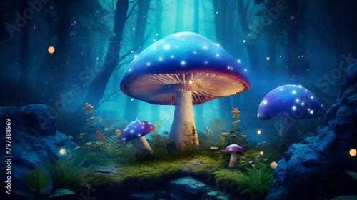 Visualize a surreal dreamscape with a forest of glowing mushrooms stretching out beneath a sky background 