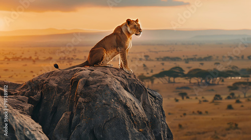 A majestic lioness surveys her territory from atop a rocky outcrop in  Kenya, Africa, her powerful presence captured in stunning HD clarity amidst the vast African wilderness photo