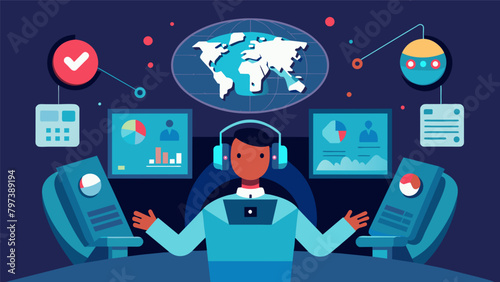 A man sitting in a control room surrounded by screens remotely controlling a robotic vehicle on the other side of the globe using only his thoughts..