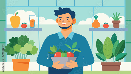 A man proudly showing off his thriving indoor vegetable garden boasting about the freshness of his homegrown produce..