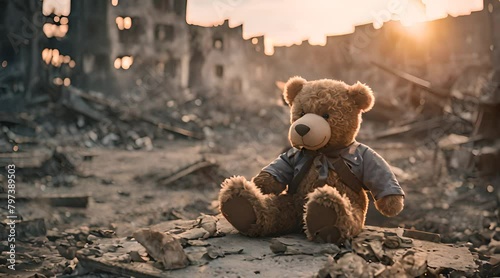 a shabby and dirty teddy bear lying quietly in the ruins of a war-torn city, some buildings still burning and smoking, in the evening at sunset photo