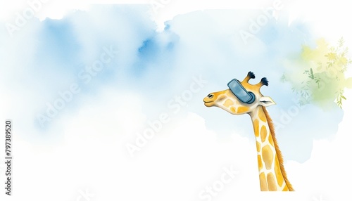 watercolor painting of  A giraffe wearing a VR headset is looking at something in the distance. The background is a blue sky with white clouds.