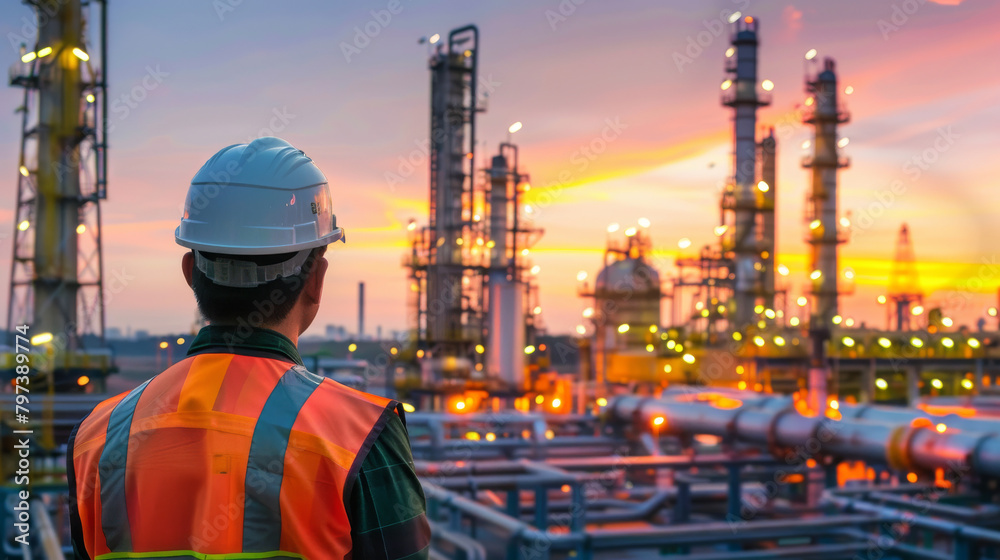 Engineer overlooking industrial plant at dusk Engineer overlooking industrial plant at dusk