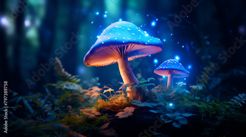 Fantasy magical Mushroom glade and Ladybugs in enchanted fairy tale dreamy elf Forest background 