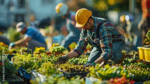 A man in a yellow helmet is working in a garden with other people