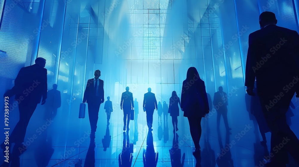 Silhouetted business figures walk through a neon-lit, futuristic corridor, casting long shadows and radiating urban cool. Silhouetted business figures walk through a neon-lit, futuristic corridor, casting long shadows and radiating urban cool.