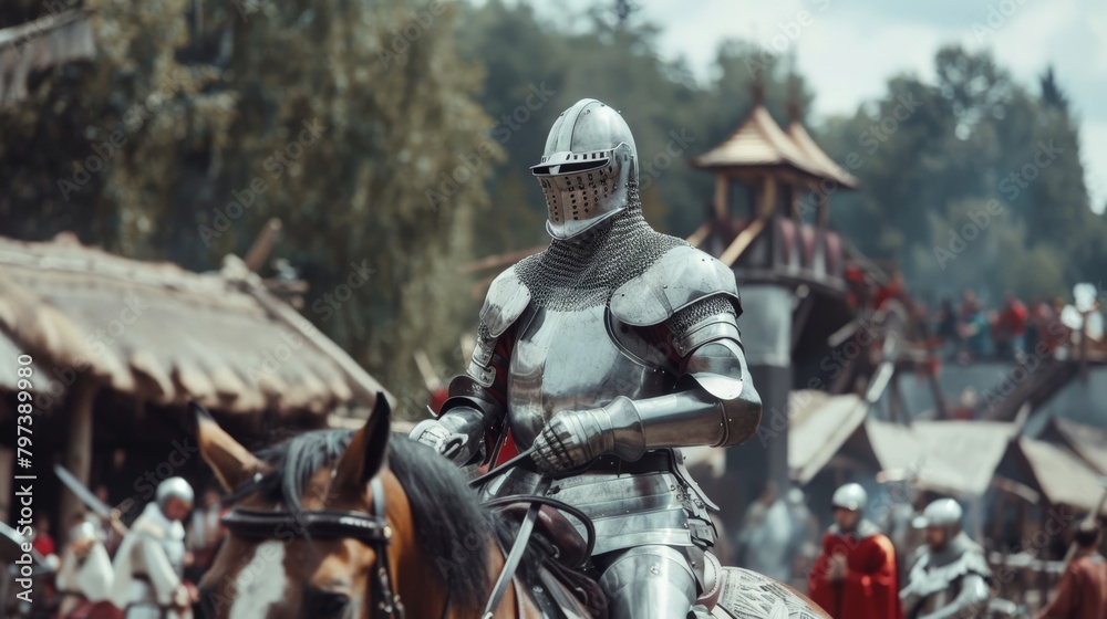 A knight in armor riding a horse at a medieval festival A knight in armor riding a horse at a medieval festival