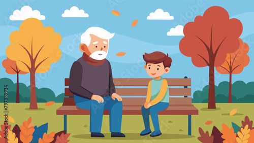 At a park filled with fall foliage a grandfather and his grandson sit on a bench talking about their favorite childhood memories.. Vector illustration