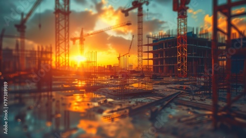A construction site with cranes and scaffolding in the background photo