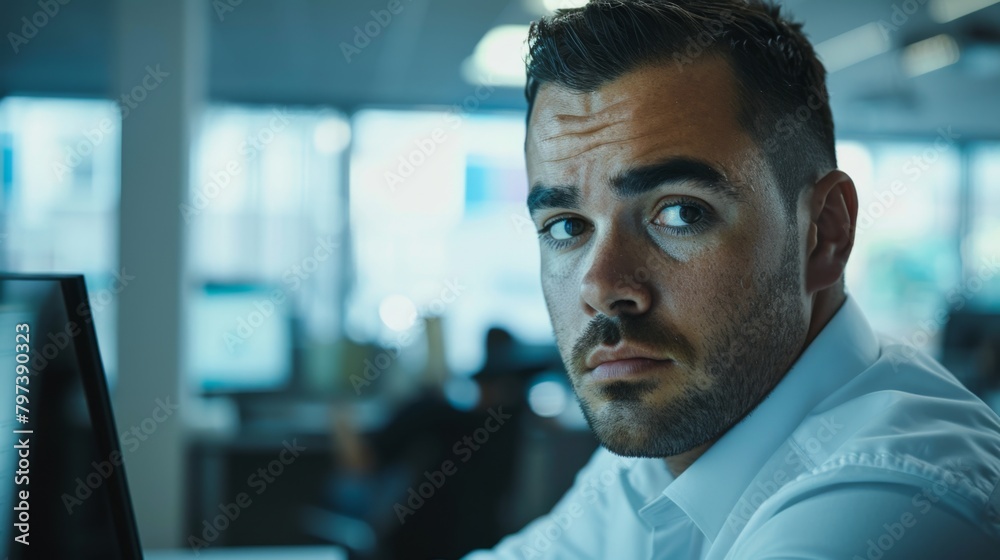 A serious businessman in a white shirt, deep in thought while looking at a computer screen in a corporate setting. A serious businessman in a white shirt, deep in thought while looking at a computer screen in a corporate setting.