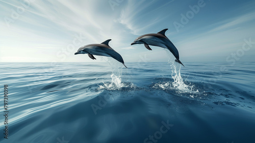 Two_dolphins_jumping_out_of_water_clear_blue_sky5