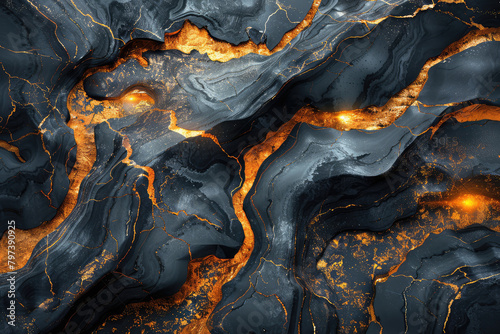 Top down view of a dark fantasy lava and black marble landscape, topdown aerial shot in the style of Jean Underwood. Created with Ai photo