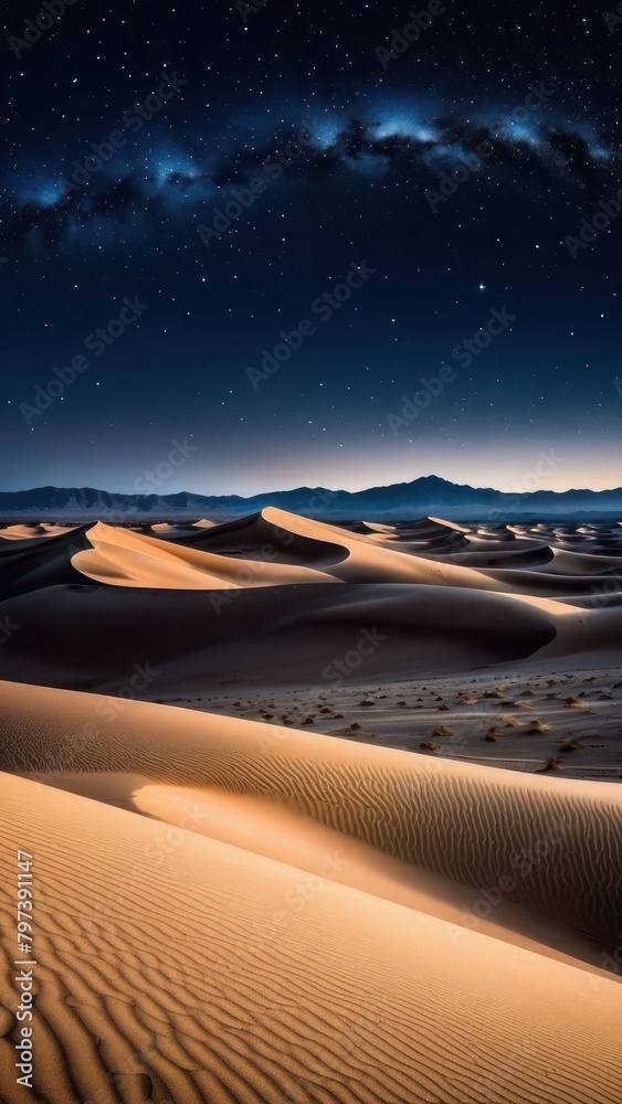 Naklejka premium Nightfall Oasis Empty Desert Landscape with Navy Starry Sky