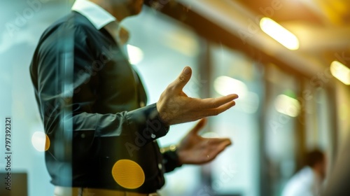 Wallpaper Mural An expert in a sharp suit articulates a point with open hands during a compelling corporate presentation. Torontodigital.ca