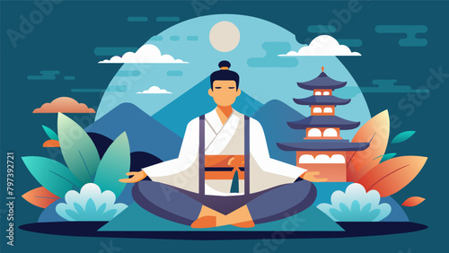 A martial artist sitting in a zen garden their eyes closed and their mind calm and free of distractions as they connect with their inner warrior