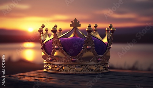 A golden crown with purple lining is sitting on a wooden table outdoors. The sun is setting in the background. photo