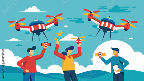 Join in on the adrenalinefueled fun as skilled pilots showcase their aerial maneuvers in a competitive Independence Day drone race.. Vector illustration