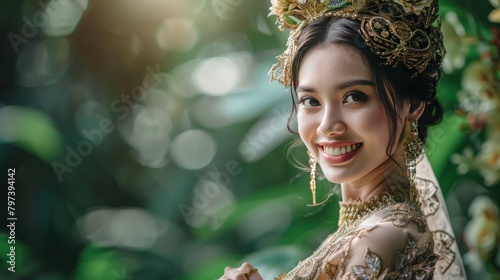 Asian Woman model with cultural traditional trinkets makeup and happy smile AI generated image photo