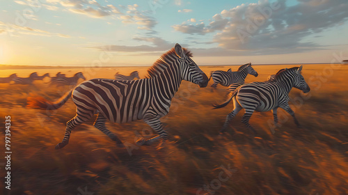 A herd of zebras gracefully galloping across the plains of  Kenya, Africa, their striped patterns blending with the natural beauty of the landscape, all captured in breathtaking 8k resolution photo
