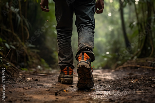 Hiking boots on the trail in the forest. Travel concept.
