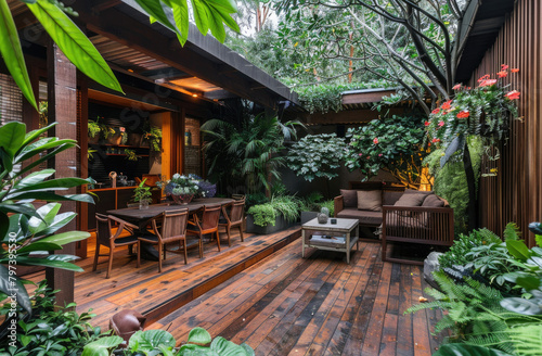 Beautiful wooden terrace with outdoor seating and garden furniture surrounded by lush greenery and blooming flowers, creating an inviting space for relaxation in the home's backyard