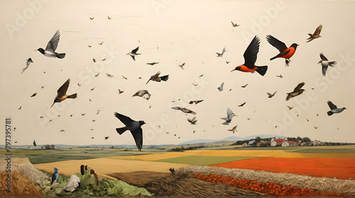 birds flying over the field Flock of starlings flying over field, East Frisia, Lower Saxony, Germany.Generative.Ai