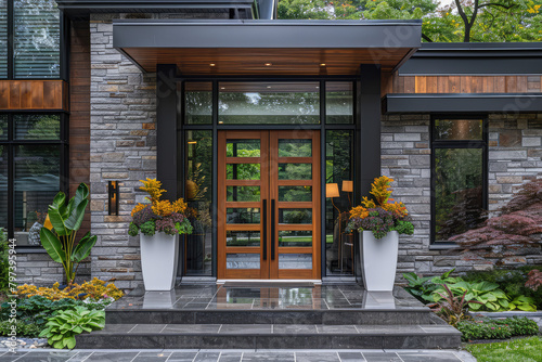 Ultrarealistic, bright photo of the entrance to an upscale modern home with large windows and stone accents. Created with Ai photo