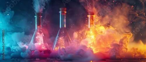 Vibrant science laboratory scene with chemical flasks  smoke  and bursts of flame representing experiment