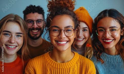 Diverse joyful team huddle smiling, expressing solidarity and teamwork - modern multiracial professionals united in happiness photo