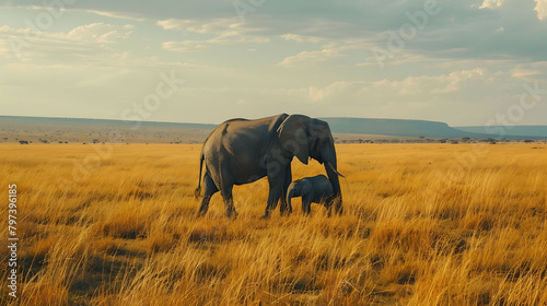 A heartwarming scene unfolds as an African Bush Elephant mother tenderly protects her calf with a watchful eye in the vast wilderness of  Kenya, Africa
