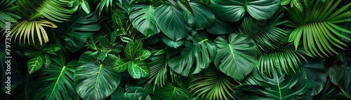 wallpaper with dense green tropical jungle foliage presenting various shades and leaf types copy space for text