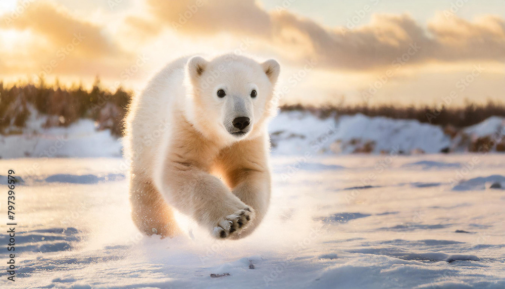 Polar bear cub white puppy running on ice surrounded by snow on a cold winter day Polar bear cub white puppy running on ice surrounded by snow on a cold winter day