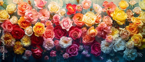 Colored flowers wallpaper top view Rainbow roses wide banner photo