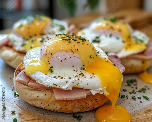 Eggs with poached eggs, ham, English muffins, and daise sauce, ready to eat photo