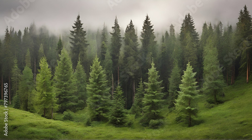 forest in the morning Misty landscape with fir forest in hipster vintage retro style.Generative.Ai