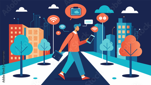 A person walking down a street passing by numerous smart devices that are collecting and sharing their cognitive data without their knowledge or.