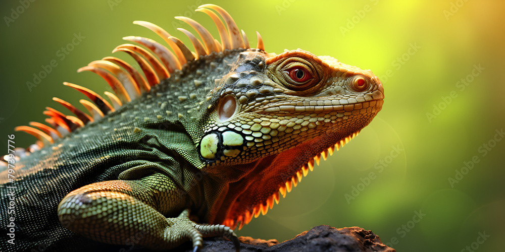 Iguana in tropical forest ecosystem and biodiversity on a blurred background
