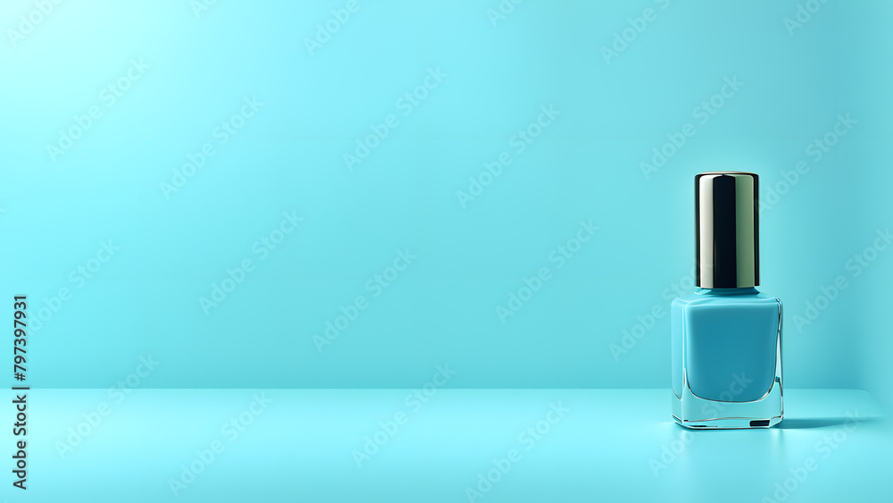 A bottle of nail polish sits on a table in front of a blue wall