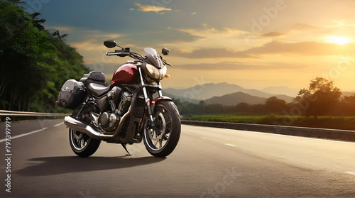 motorcycles on the road A motorcycle parking on the road side and sunset, select focusing background,Generative.Ai
