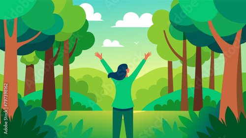 In a clearing surrounded by vibrant green trees a person stretches their arms towards the sky and lets out a contented sigh feeling rejuvenated and.