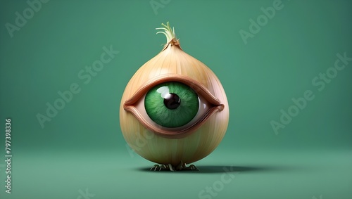 Using generative AI, a cartoon onion cyclops with a single large eye on a green backdrop was created. photo