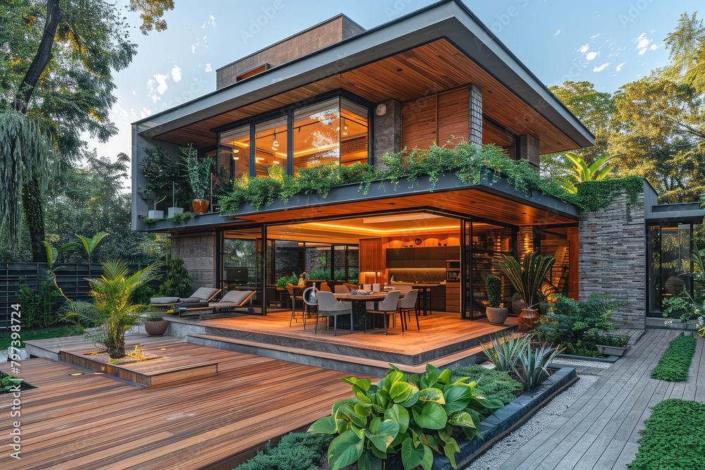 A modern house in the Brazilian style with wooden planks, large windows and greenery on its roof terrace. The interior is spacious and welllit by natural light from glass walls. Created with Ai