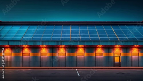 Blue-Toned Solar Panels on Industrial Roof Generating Green Energy. Concept Green Energy, Solar Panels, Industrial Roof, Blue-Toned, Sustainability photo