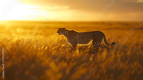 A graceful cheetah stalking its prey in the golden savannah of Kenya, Africa, showcasing the epitome of speed and agility in mesmerizing 8k resolution