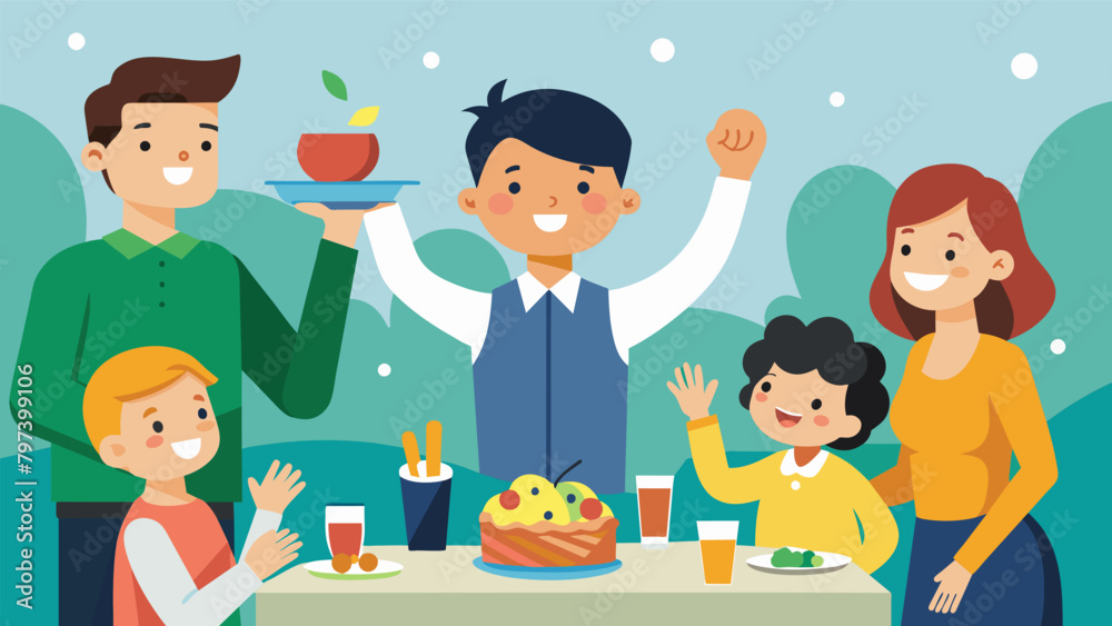 A celebratory dinner with family and friends to mark a childs first craft sale with the child being showered with compliments and encouragement A celebratory dinner with family and friends to mark a childs first craft sale with the child being showered with compliments and encouragement