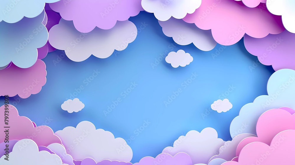 cloud paper cut purple pink white clouds background with blue gradient background