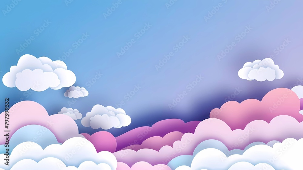 cloud paper cut purple pink white clouds background with blue gradient background